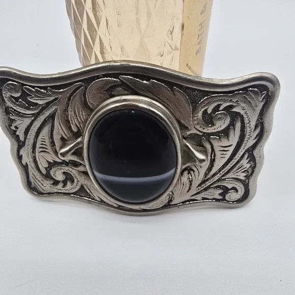 Centerpiece Black Banded  Cabochon Silver Tone Western Framed Belt Buckle - Picture 3 of 6